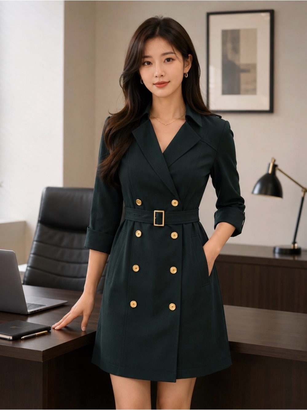 Shangaroo Tailored Double-Breasted Green Trench Dress with Belt